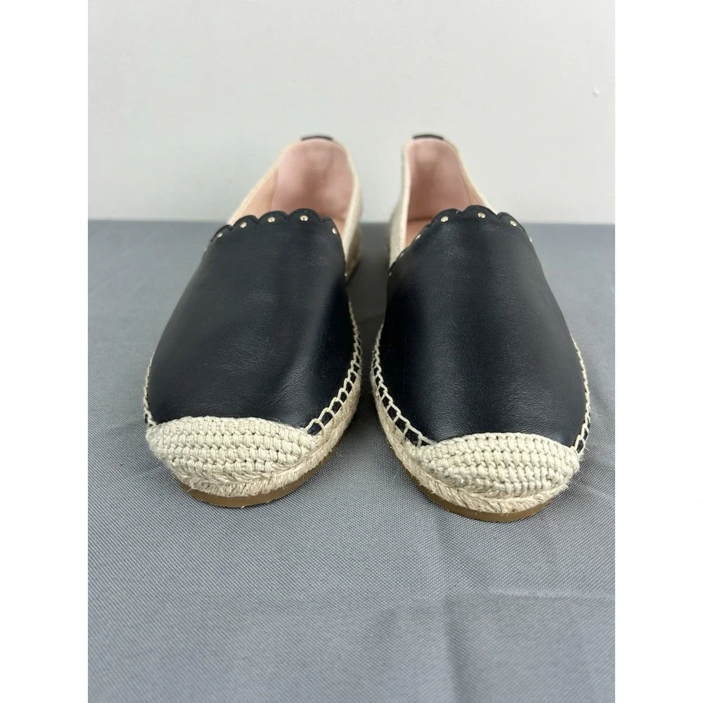 KATE SPADE Leather Gwendolyn Black Tan Applique Studded Espadrilles Sz 7.5B
